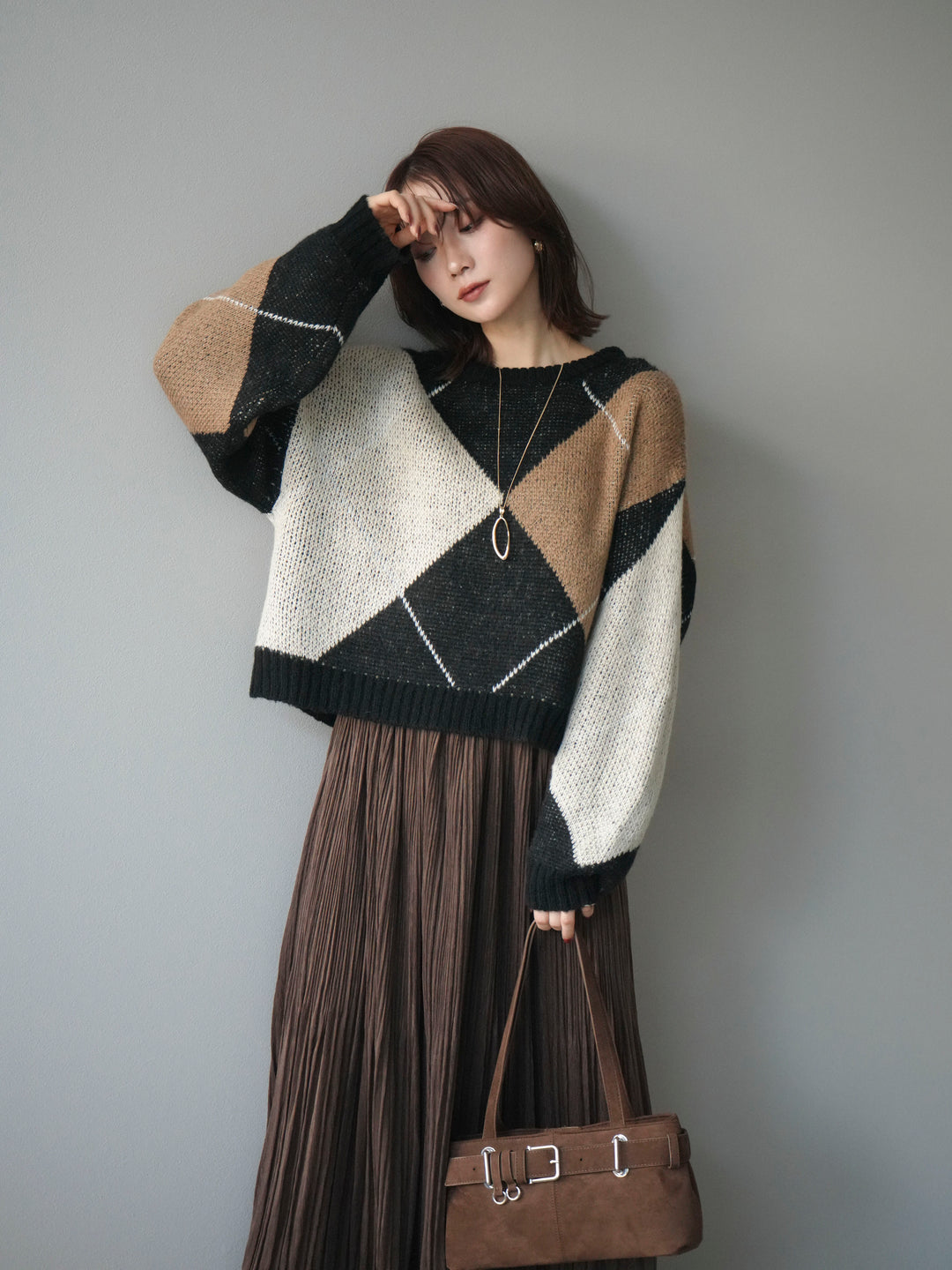 [予約]配色ステッチアーガイル柄ニットプルオーバー/black