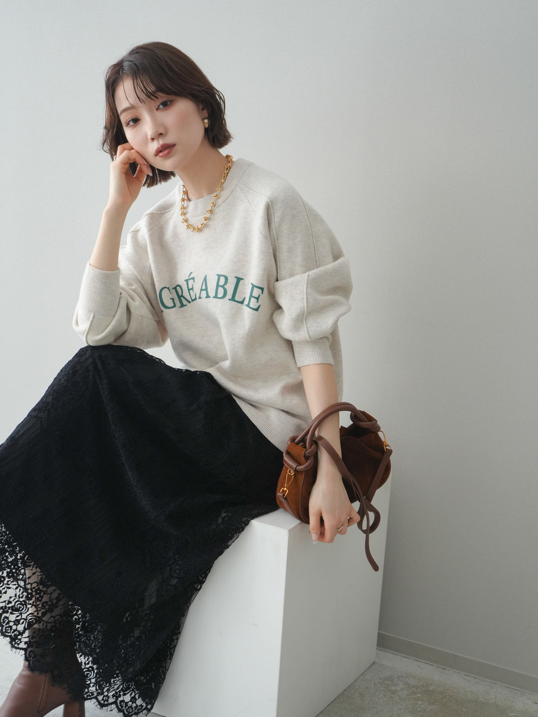 [予約]半ラバープリントロゴスウェットライクニットプルオーバー/oatmeal