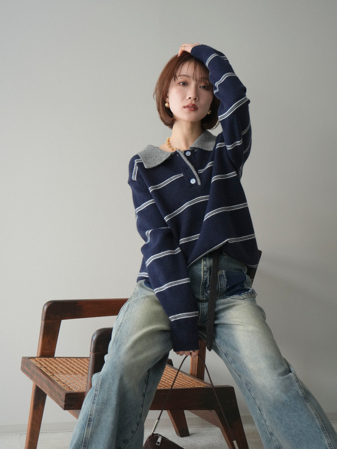 [予約]バイカラーボーダーポロニットプルオーバー/navy