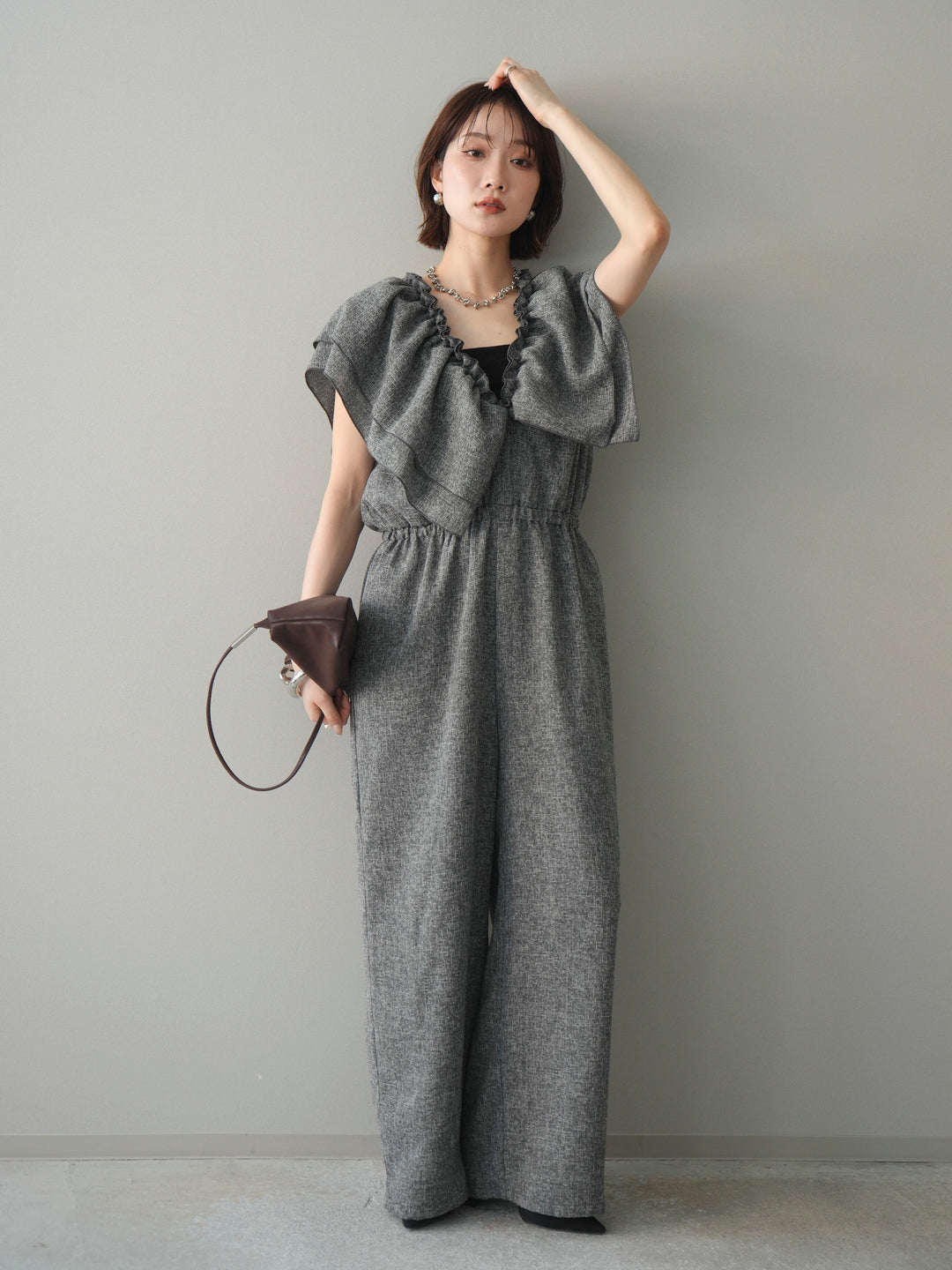 [SET]3WAYミックスツイードギャザーオールインワン+選べるアクセセット(2set)