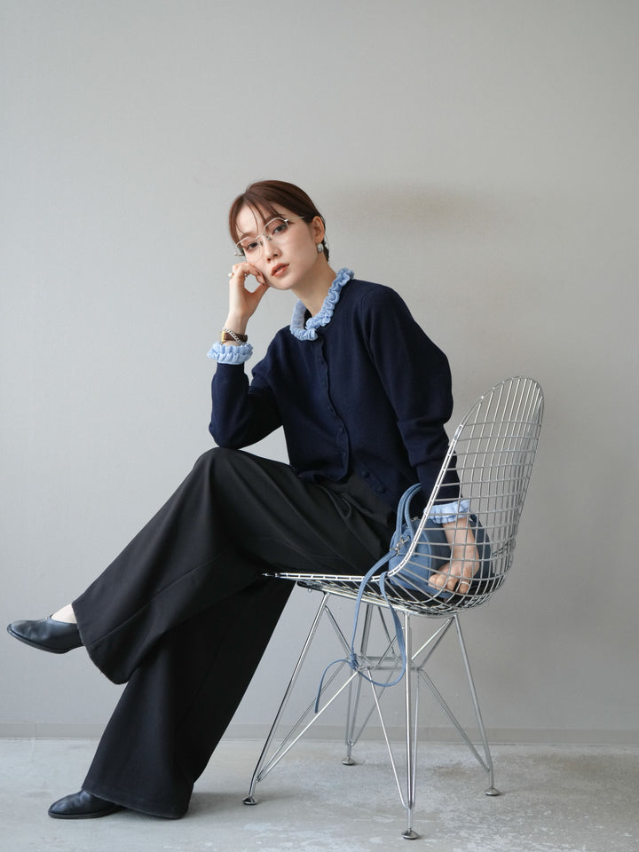 [予約]フリルデザインコンパクトニットカーディガン/ネイビー