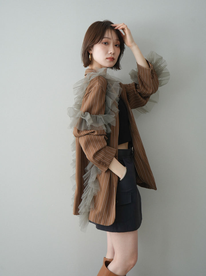 [予約]アシンメトリーチュールストライプジャケット/goldbrown