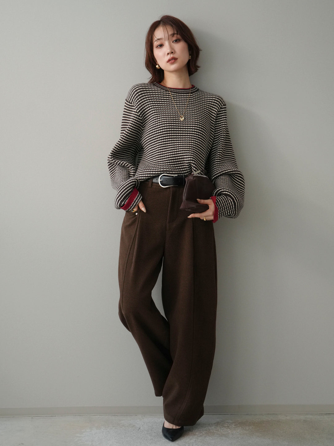 [SET]ラメ異素材ボーダーリブニットプルオーバー+ベルト付起毛コクーンパンツ(2set)