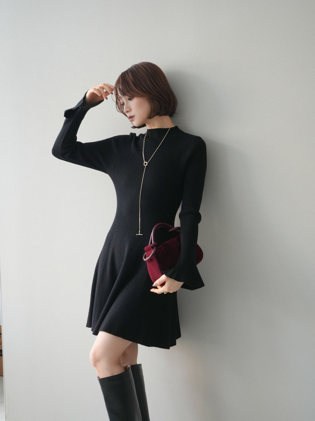 [予約]フレアリブニットミニワンピース/black