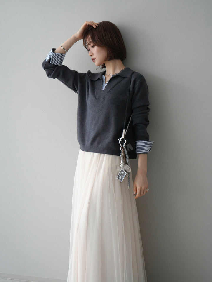 [予約]シャツレイヤードスキッパーニットプルオーバー/charcoal