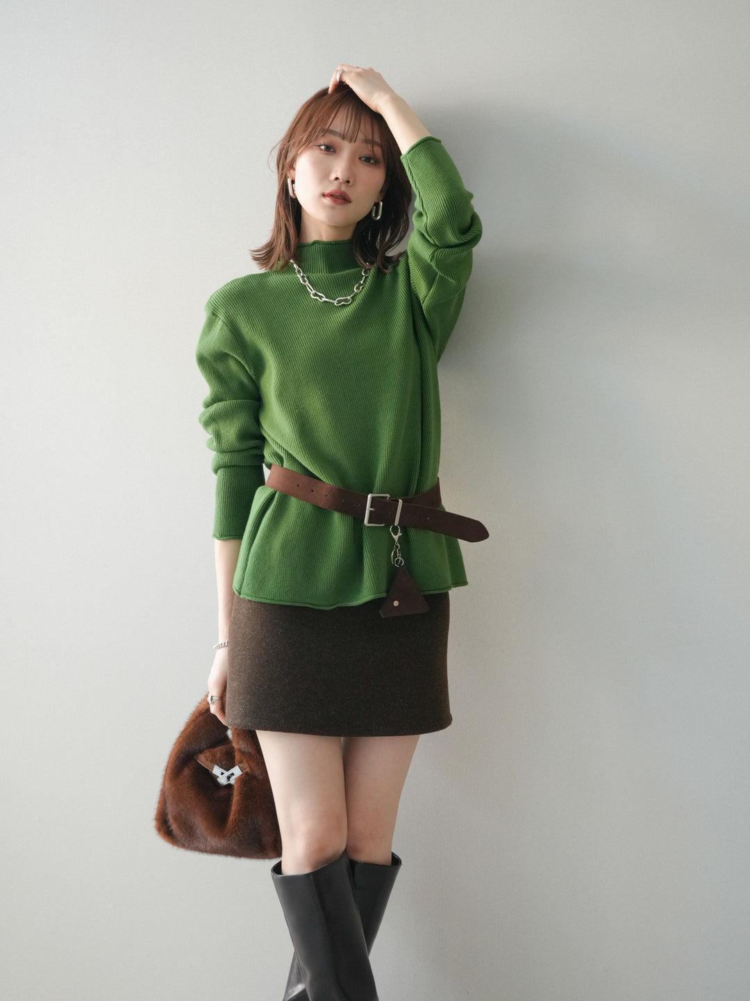 [予約]ボトルネック裾カールリブニットトップス/green