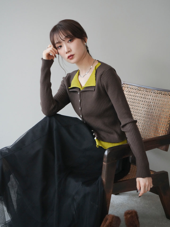 [予約]配色レイヤードリブニットカーディガン/brown