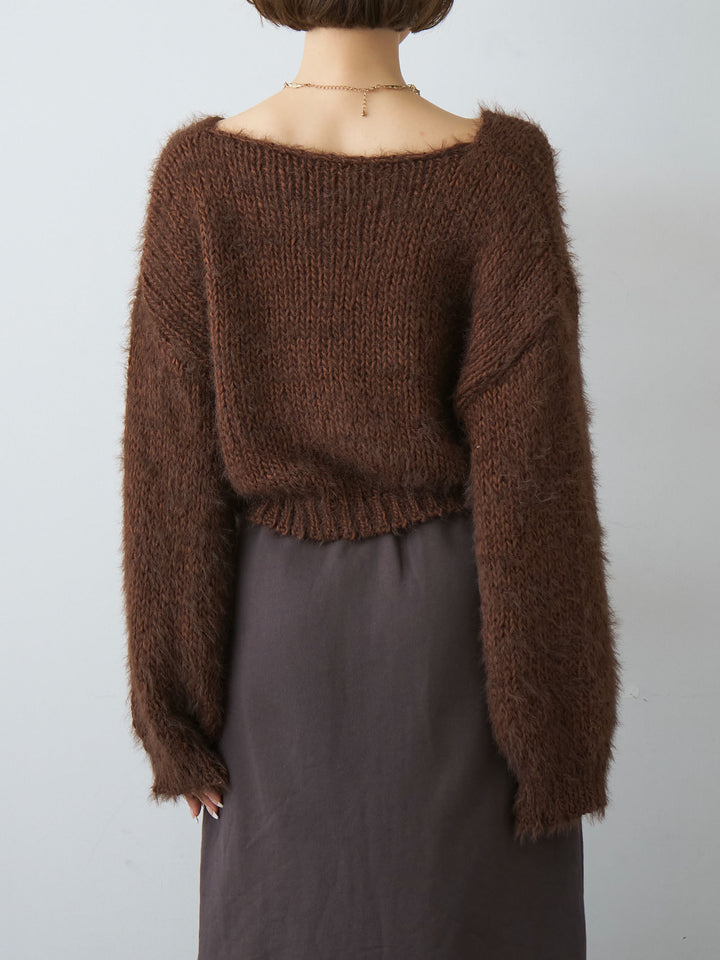[予約]Vネックシャギークロップニットトップス/brown