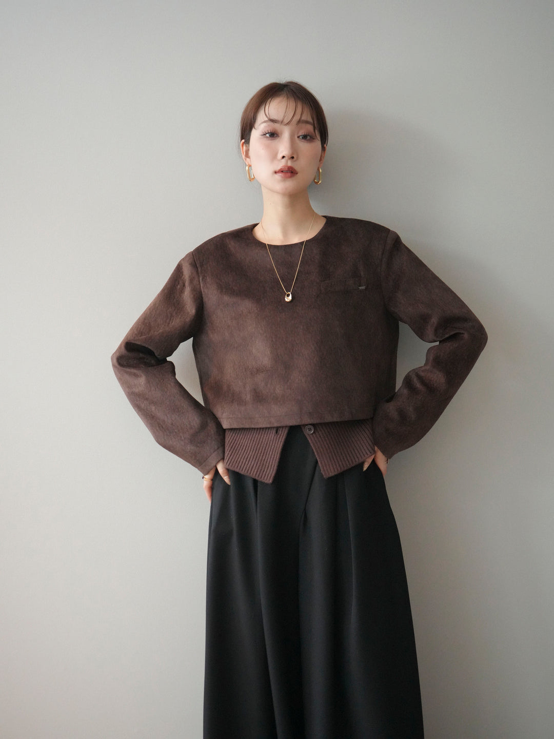 [予約]リブニットレイヤードスエードプルオーバー/brown