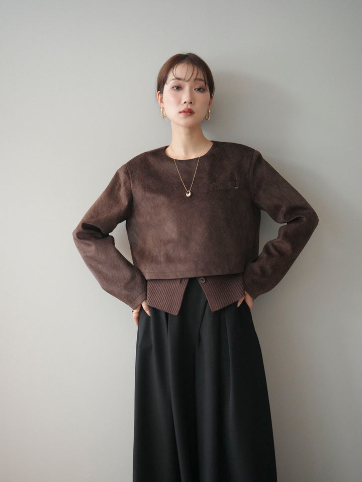 [予約]リブニットレイヤードスエードプルオーバー/brown