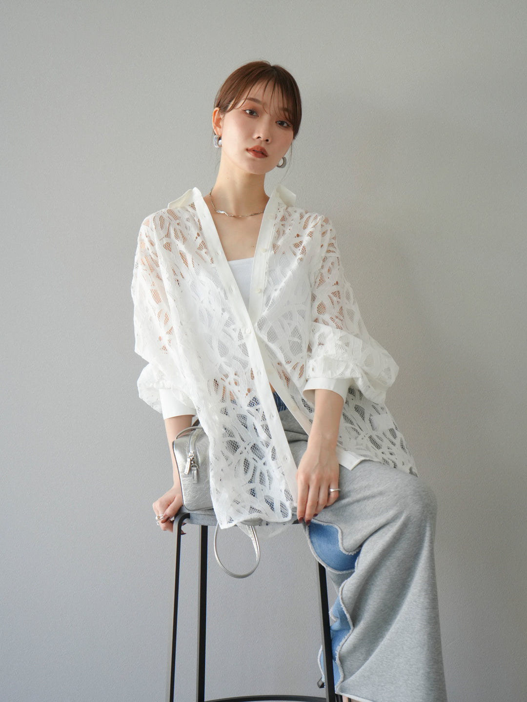 [SET]コードレースオーバーシャツ+デニムドッキングスウェットスカート(2set)