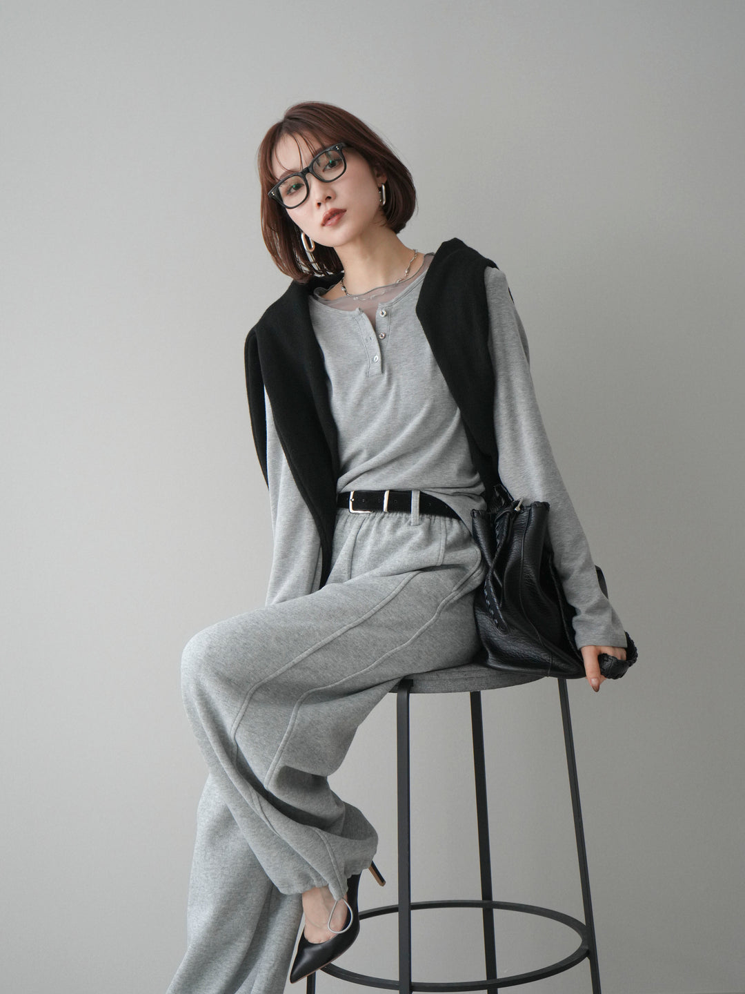 [予約]チュールレイヤードヘンリーネックカットソー/gray