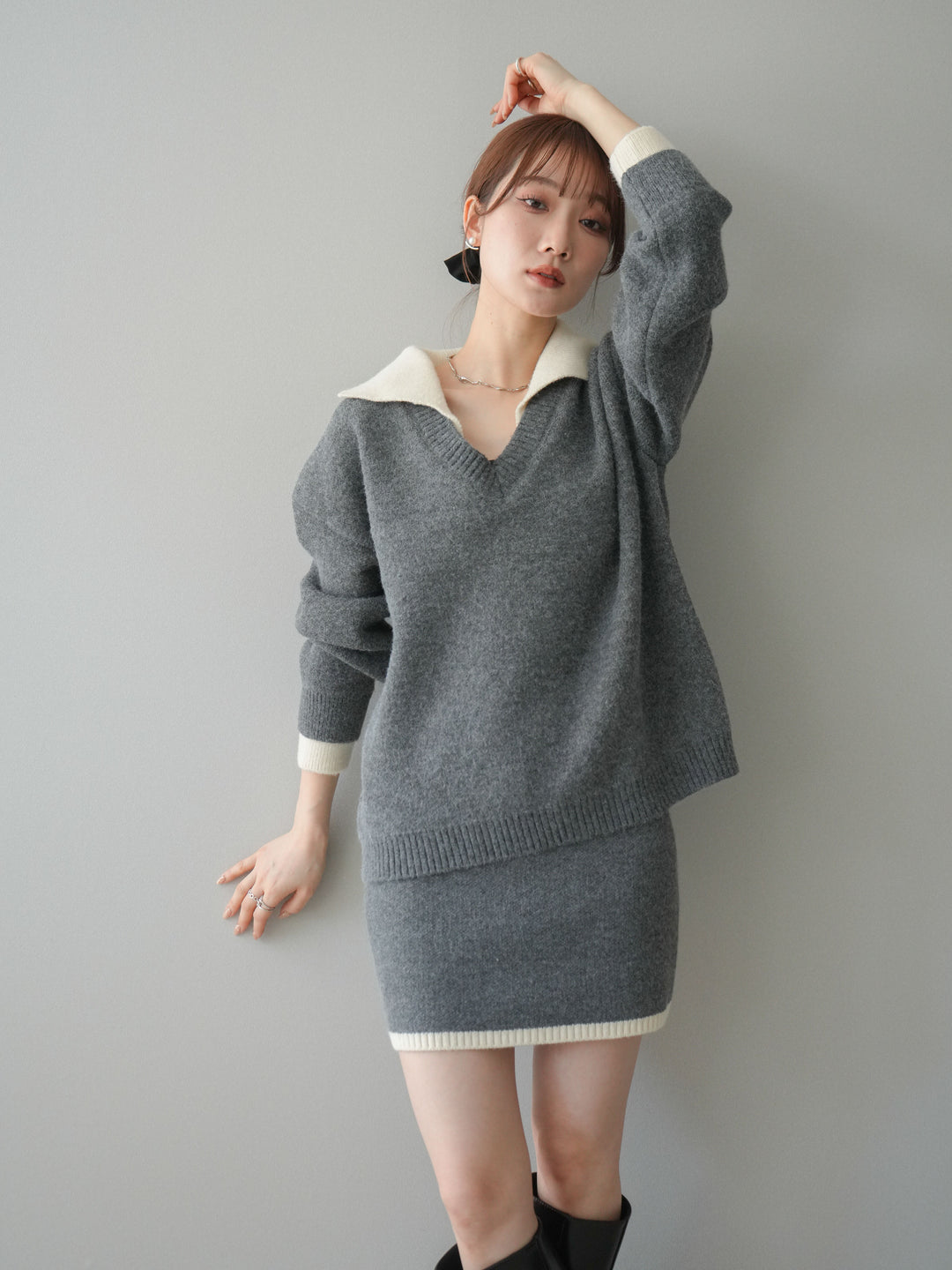 [SET]配色襟ニット＆ミニスカートSET UP(2set)