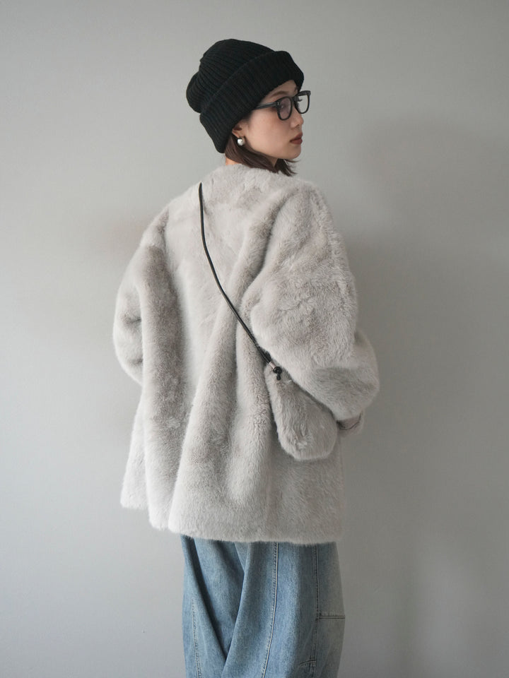 [SET]バッグ付エコファーノーカラーコート+ベルト付カーブデニムパンツ(2set)