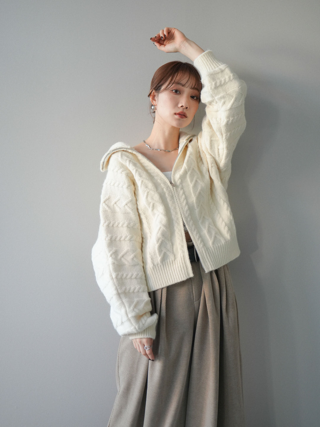 [SET]ケーブル編みハイネックZIPニットカーディガン+ベルトデザインループコールテンワイドパンツ(ベルト付き)(2set)