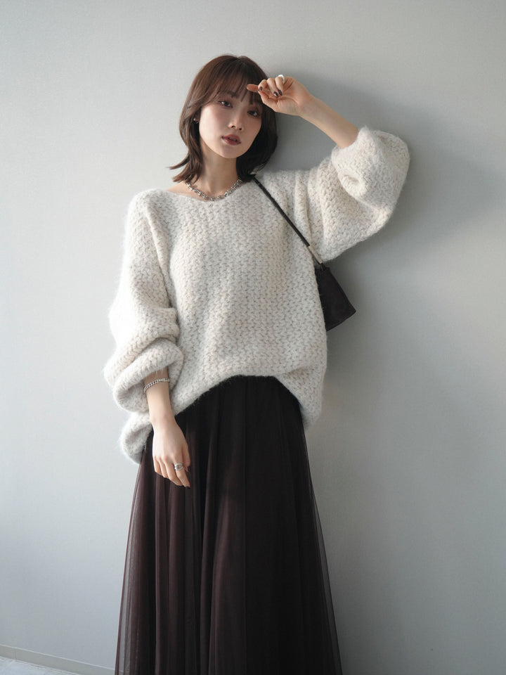 [SET]ウールタッチラメミックスヤーンVネックニットプルオーバー+チュールボリュームスカート(2set)