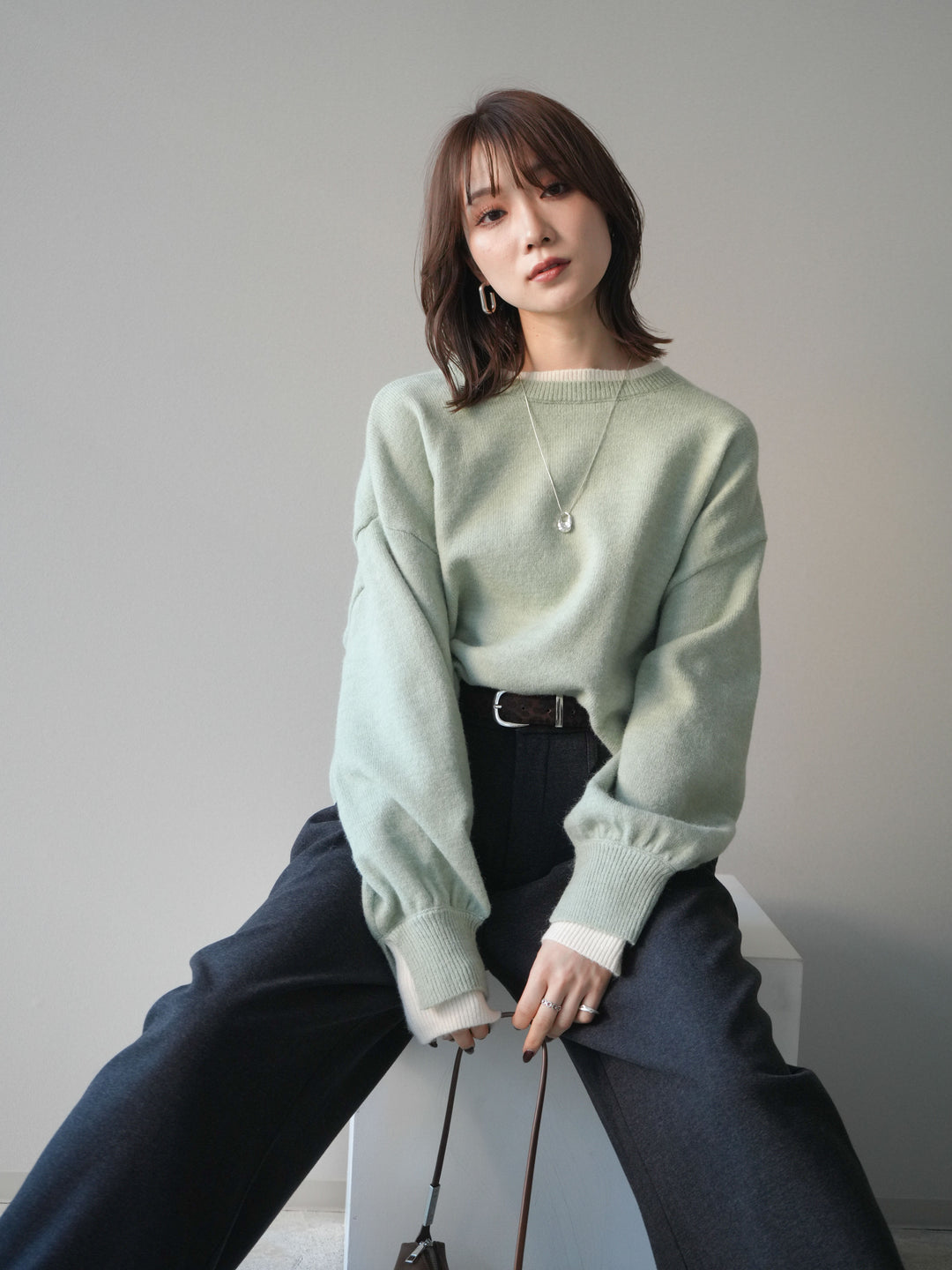 [予約]ヘンリーネック配色レイヤードニットプルオーバー/mint