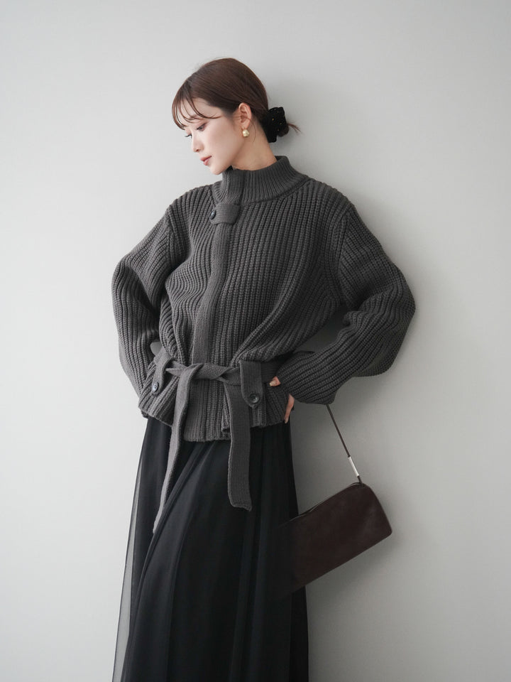 [SET]畦編みボトルネックZIPニットカーディガン+チュールボリュームスカート(2set)