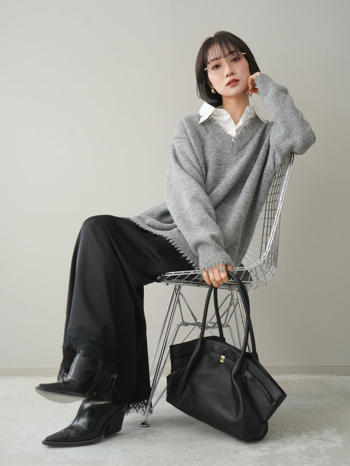 [予約]シャツドッキングVネックフリンジニットプルオーバー/gray