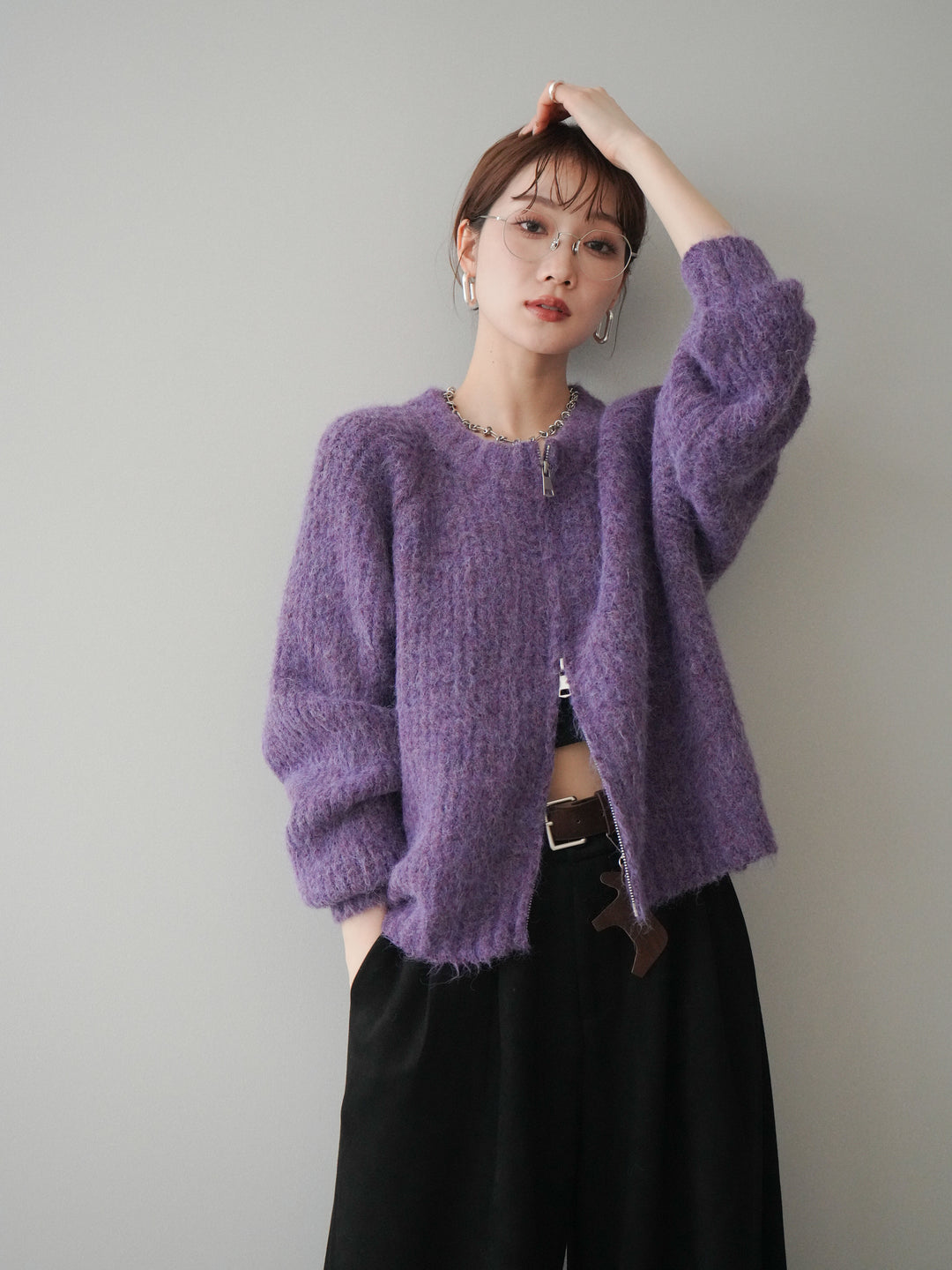 [予約]MIXヤーンモヘアタッチZIPニットカーディガン/purple