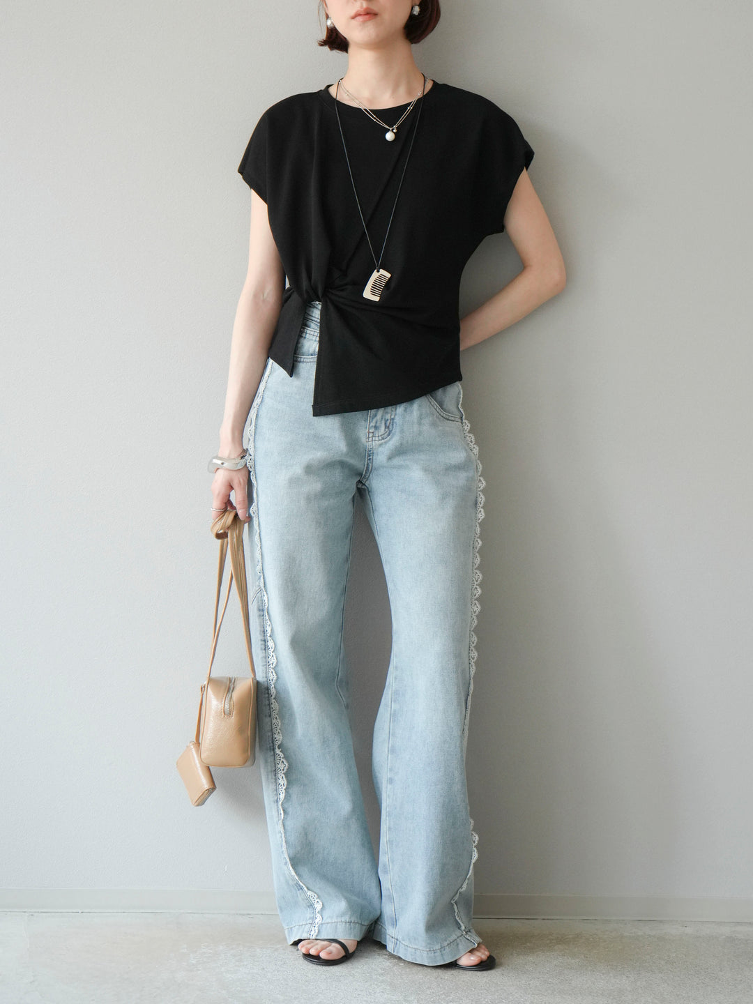 [予約]カシュクールTシャツ＆コームネックレスSET /ブラック