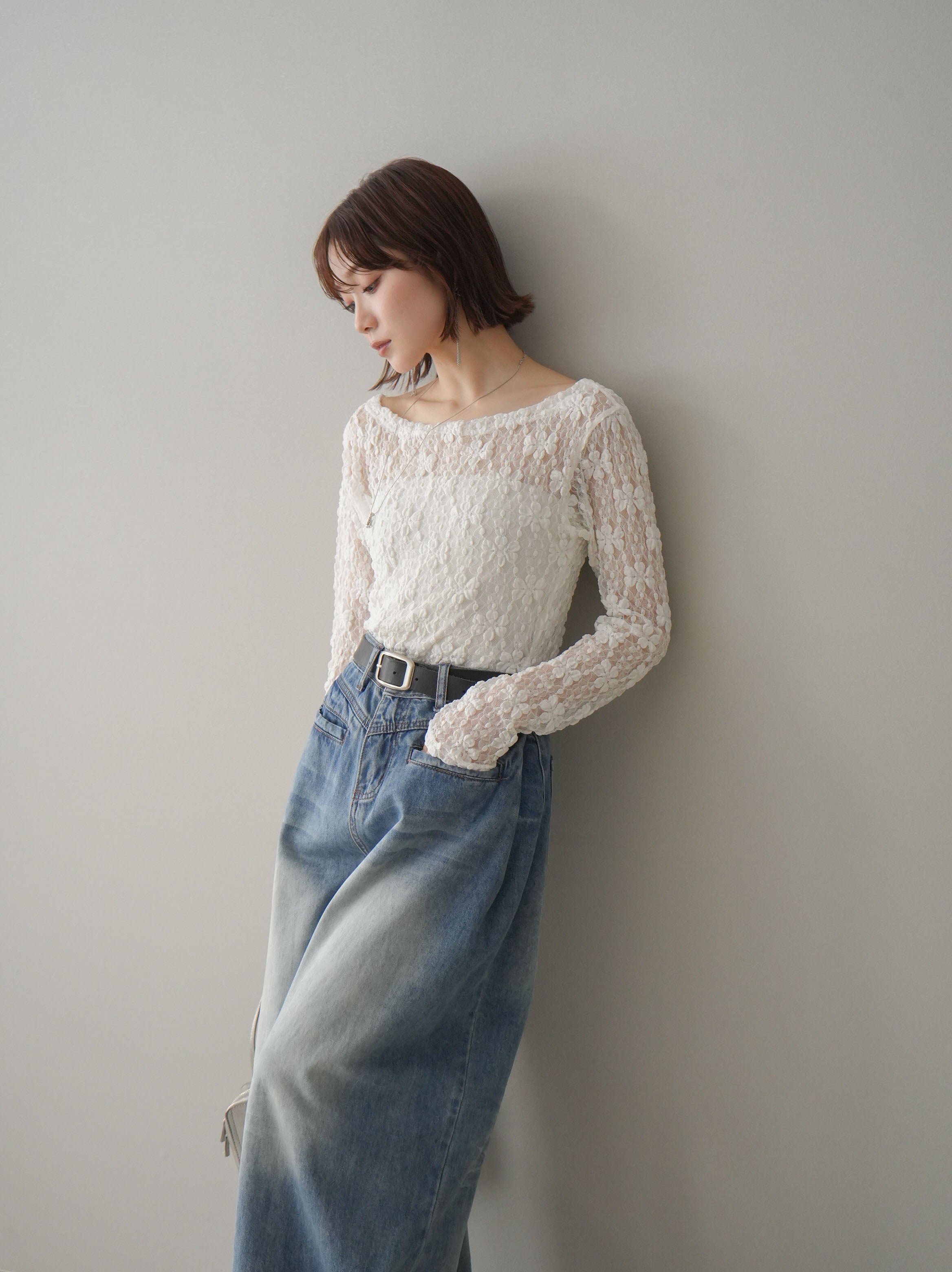 YILON Lace gather tops GLAY レースギャザートップス Gather lace tee