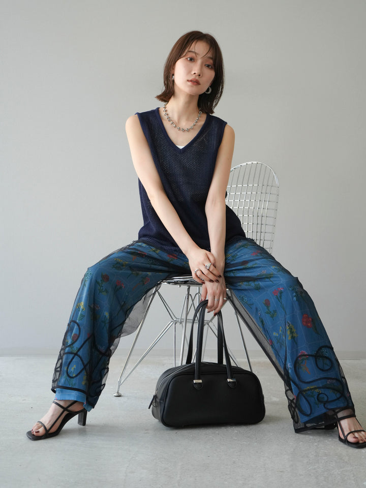 [予約]裾フリンジVネックニットタンクトップアンサンブル/ネイビー