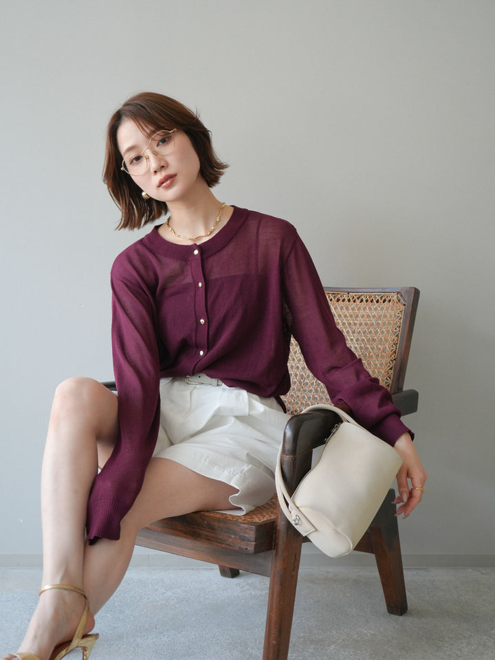[予約]ゴールドボタンシアーニットカーディガン/brown