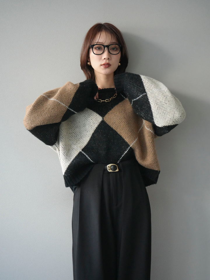 [予約]配色ステッチアーガイル柄ニットプルオーバー/black