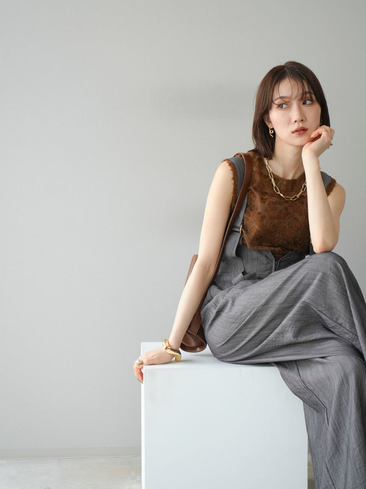 [SET]ストリングデザインハイウエストサロペット+ニュアンスフリンジジャガードノースリーブブラウス(2set)