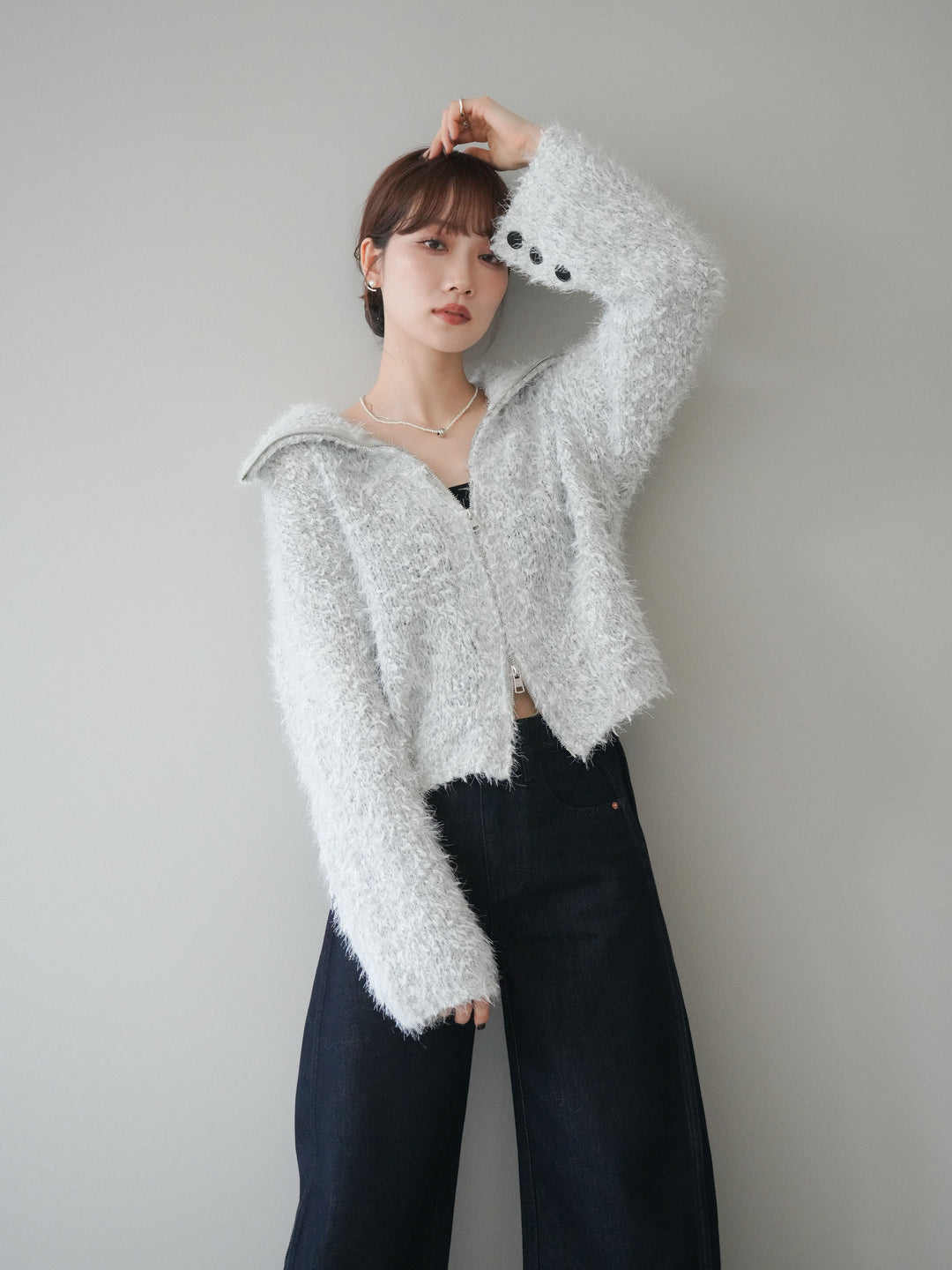 [予約]ミックスシャギージップニットカーディガン/ivory