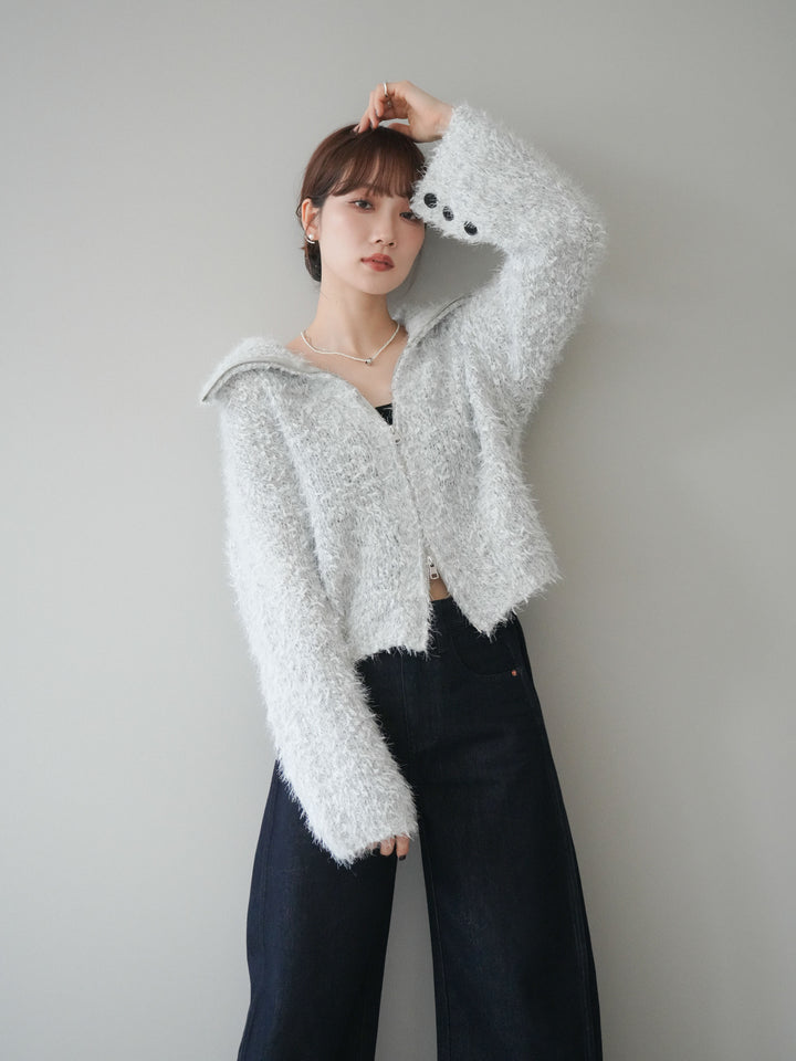 [予約]ミックスシャギージップニットカーディガン/ivory