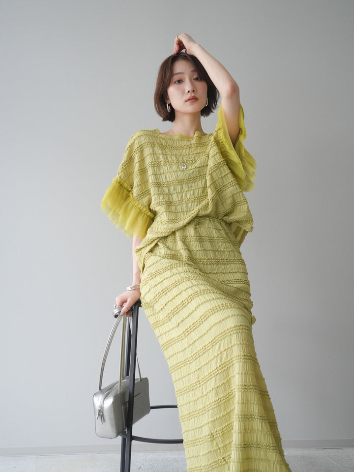[SET]チュール袖リップルトップス+リップルIラインスカート(2set)