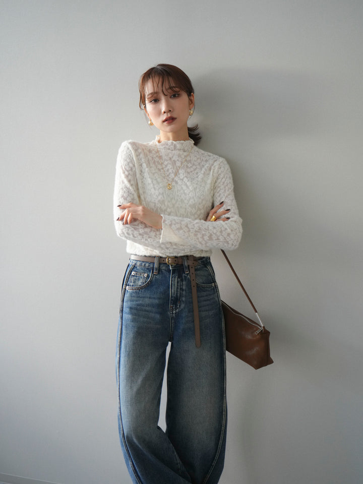 [予約]起毛レースプチネックトップス/white