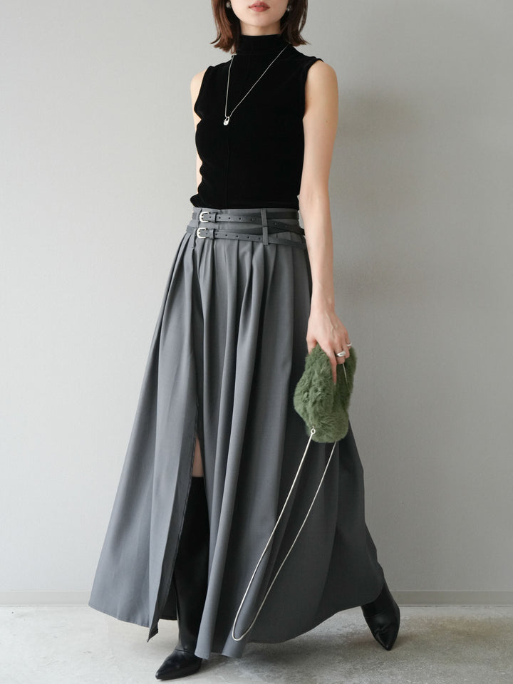 [SET]シアーベロアプチネックノースリーブトップス+エステルプリーツスリットスカート(2set)