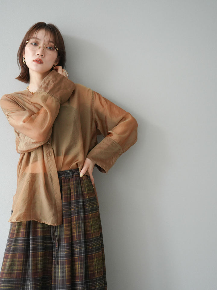 [SET] 亮面透視立領襯衫 + 透視格紋寬鬆褲 (2 件套)