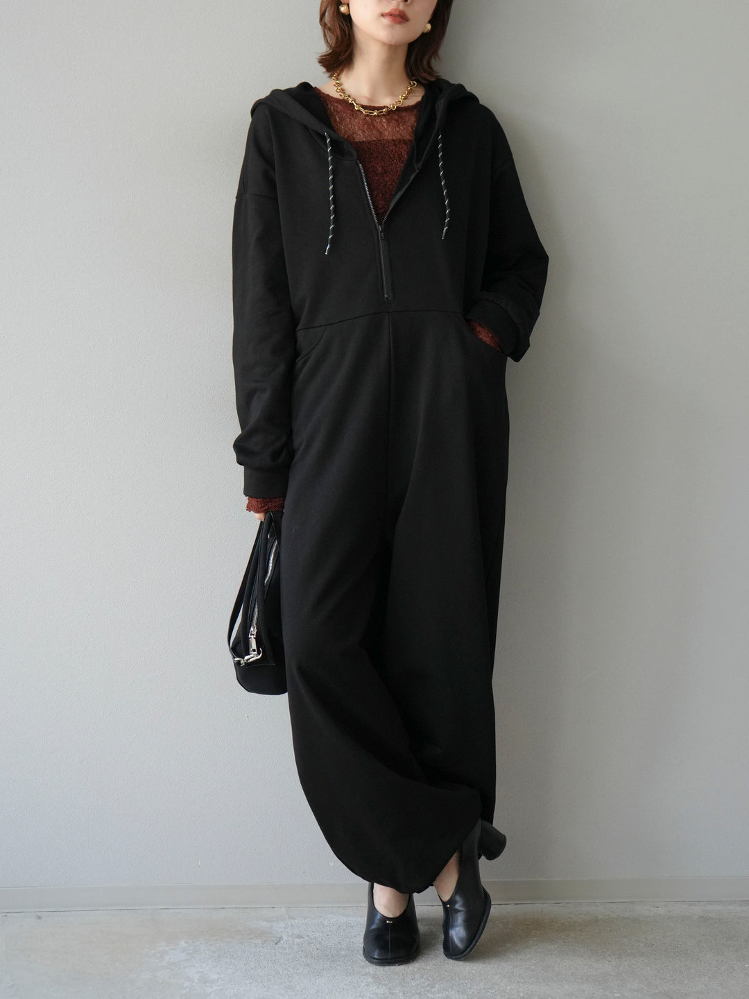 [予約]ミニ裏毛フーディージャンプスーツ/ブラック