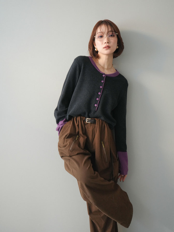 [SET]ヘンリーネック配色ニットソー+選べるアクセセット(2set)