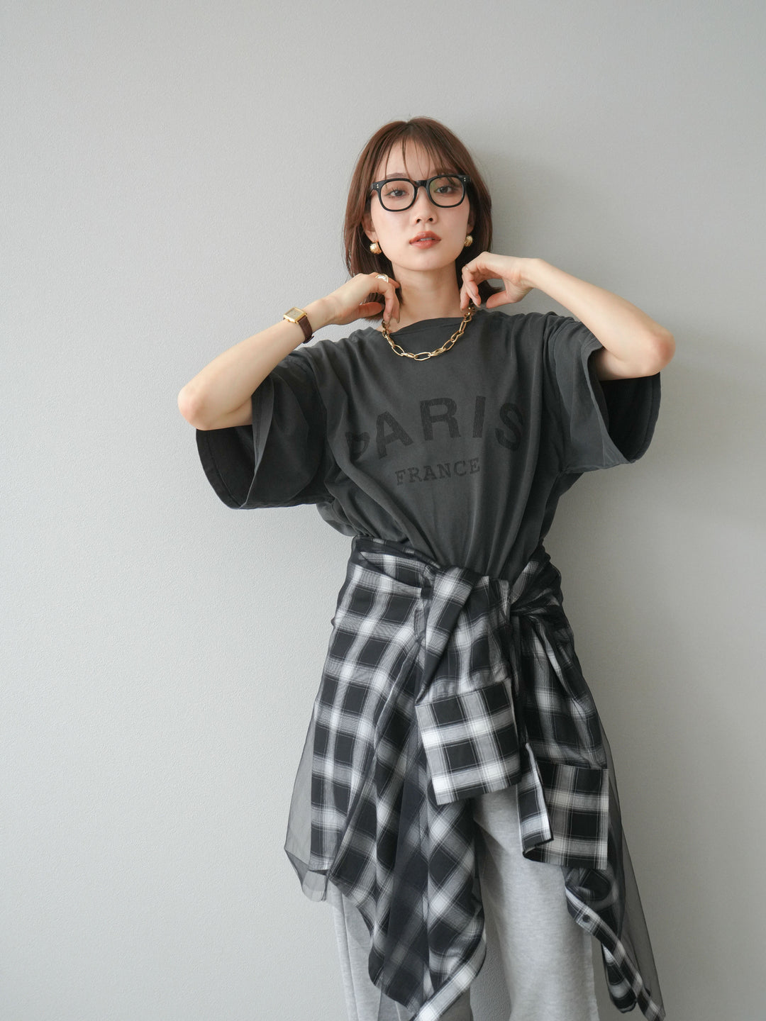 [SET]ピグメントロゴプリントTシャツ+2WAYデザインスウェットパンツ+チュールドッキングチェック柄オーバーサイズシャツ(3set)