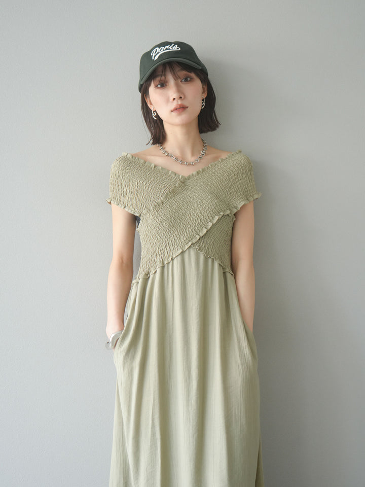 [予約]シャーリングクロスワンピース/グレージュ