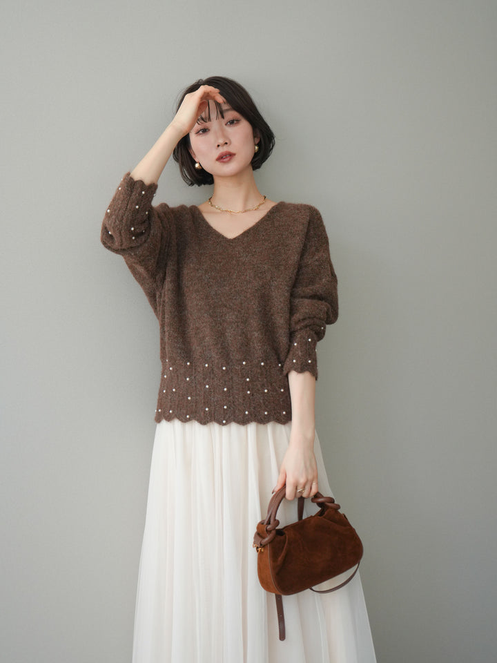 [SET]パールフリルリブヘムニットプルオーバー+選べるアクセセット(2set)