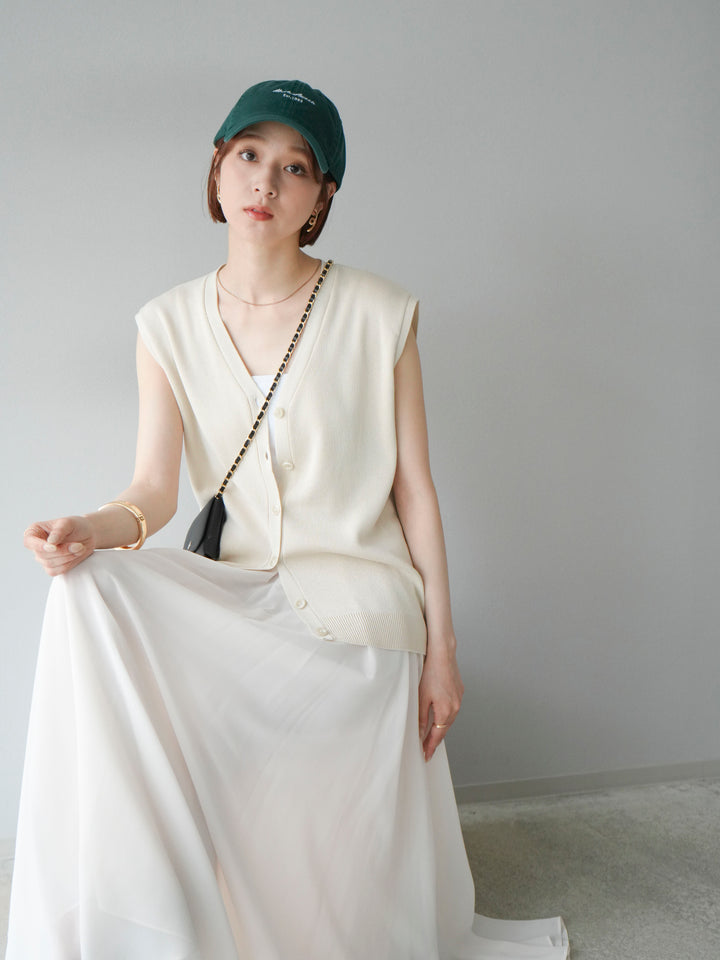 [SET] V領人造絲針織背心+雪紡喇叭裙（2件組）