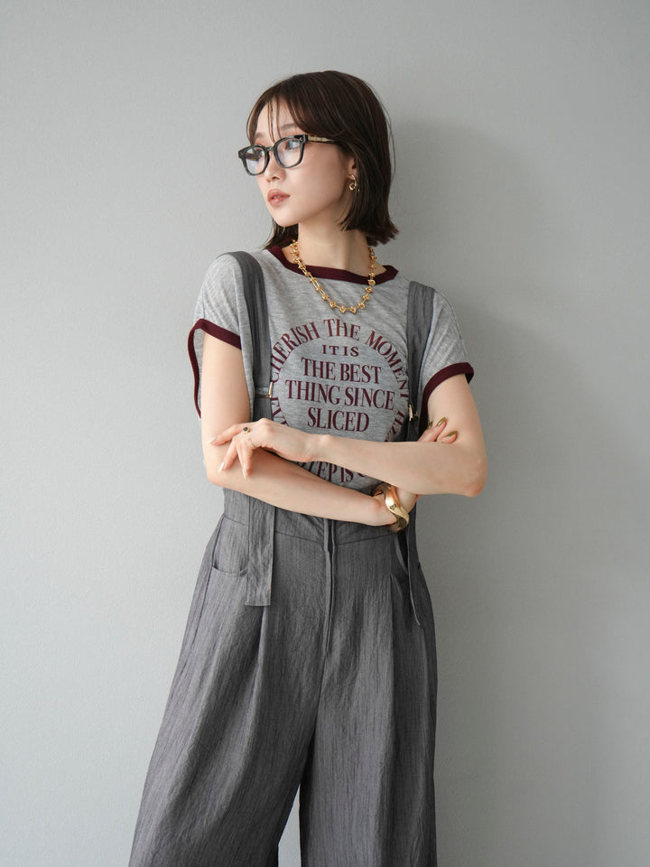 [SET]ストリングデザインハイウエストサロペット+シアーフライス ロゴプリントT (2set)