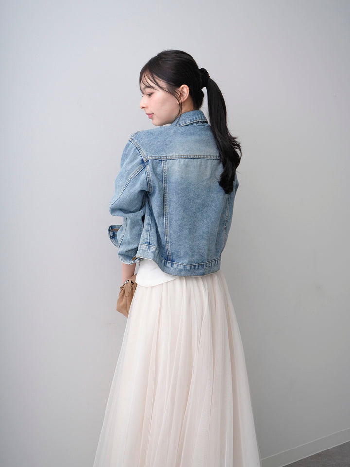 [SET]Wフリンジポケットデニムジャケット+アシメサイドギャザーホルターノースリトップス+チュールボリュームスカート(3set)