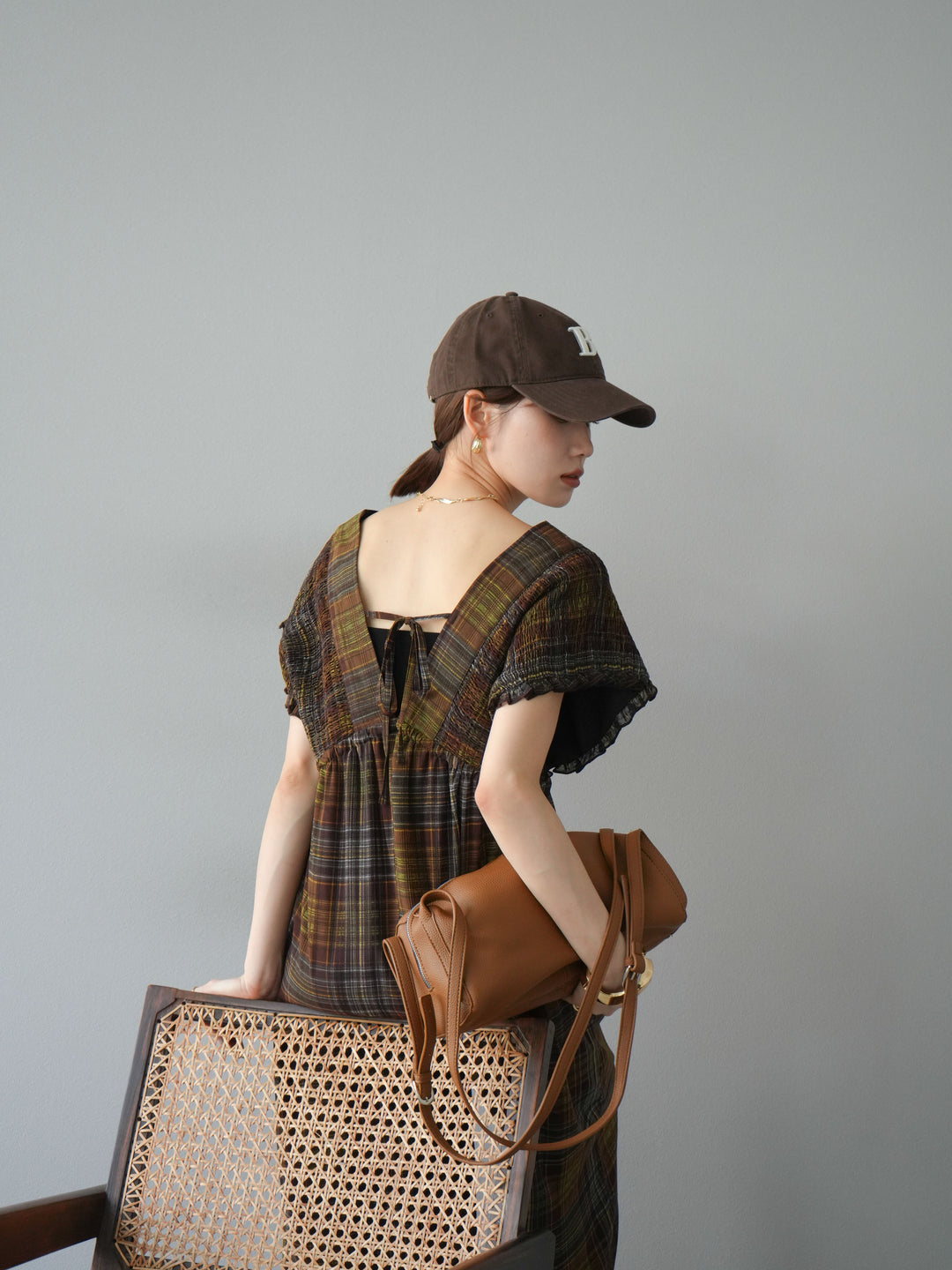 [予約]シアーチェックシャーリングサロペット/ブラウン