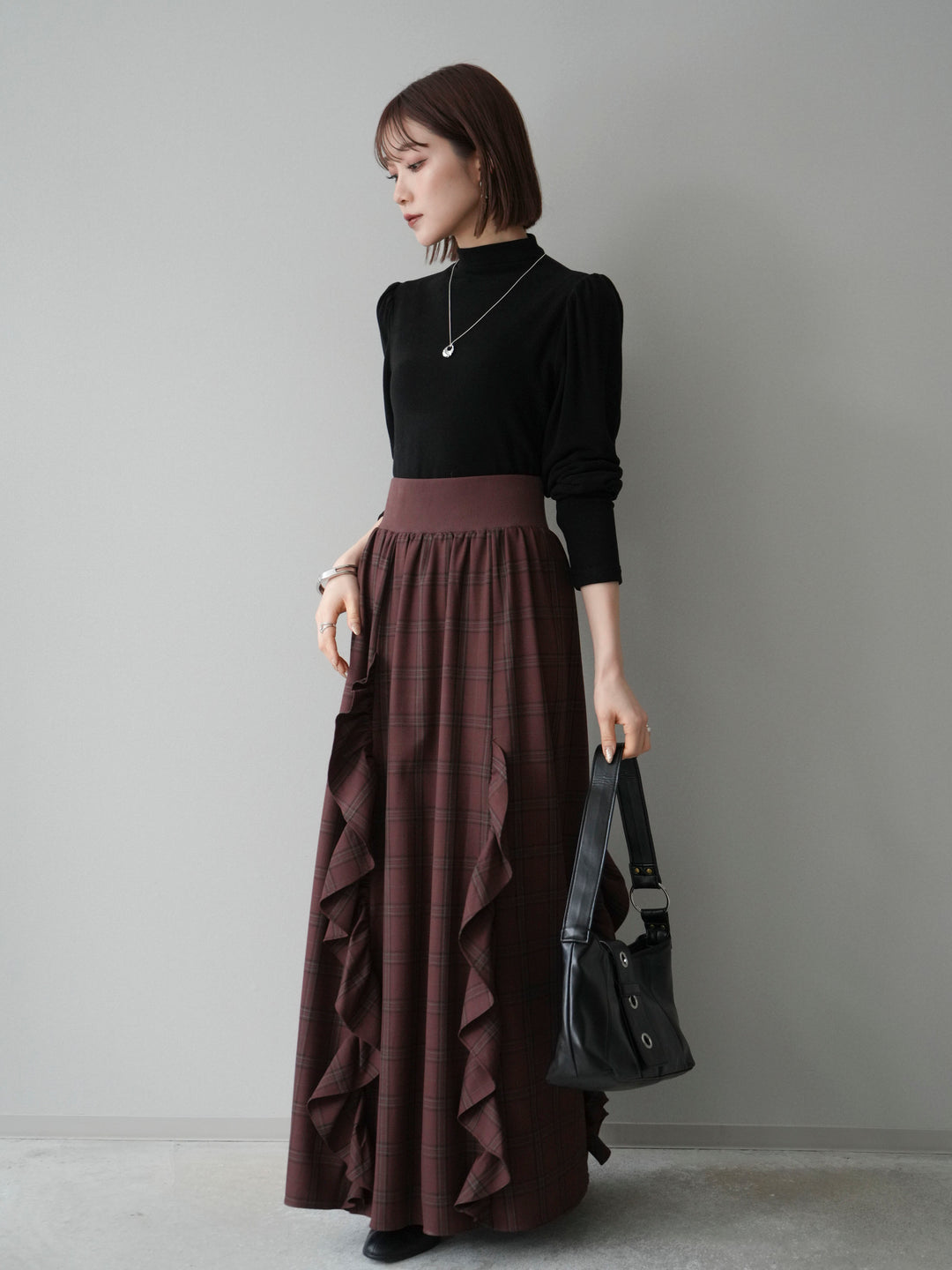 [SET]プチネックパワーショルダー起毛トップス+チェック柄フリルハイウエストマキシスカート(2set)