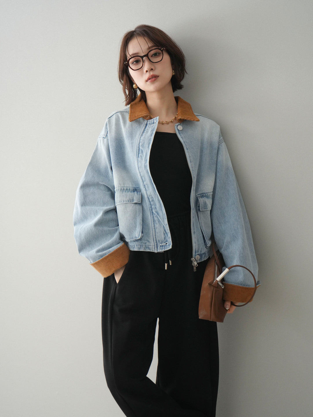 [予約]コーデュロイ×デニムショートカバーオール/bleach