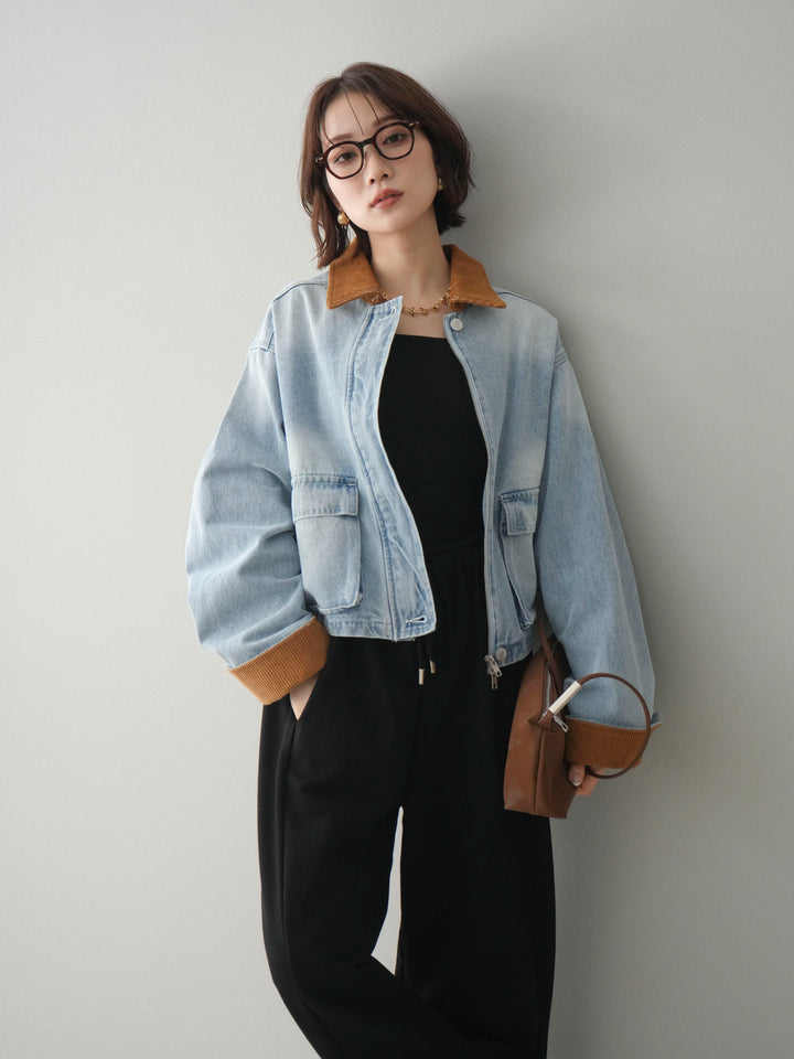 [予約]コーデュロイ×デニムショートカバーオール/bleach