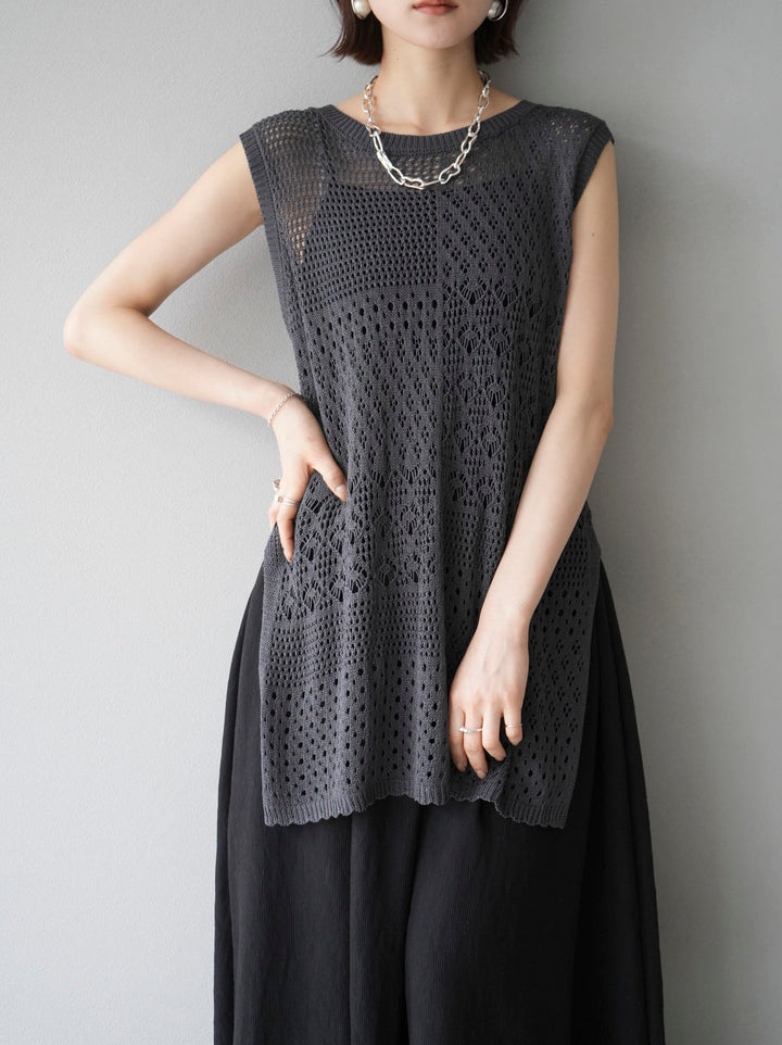 [Pre-order] Openwork side slit knit top/charcoal