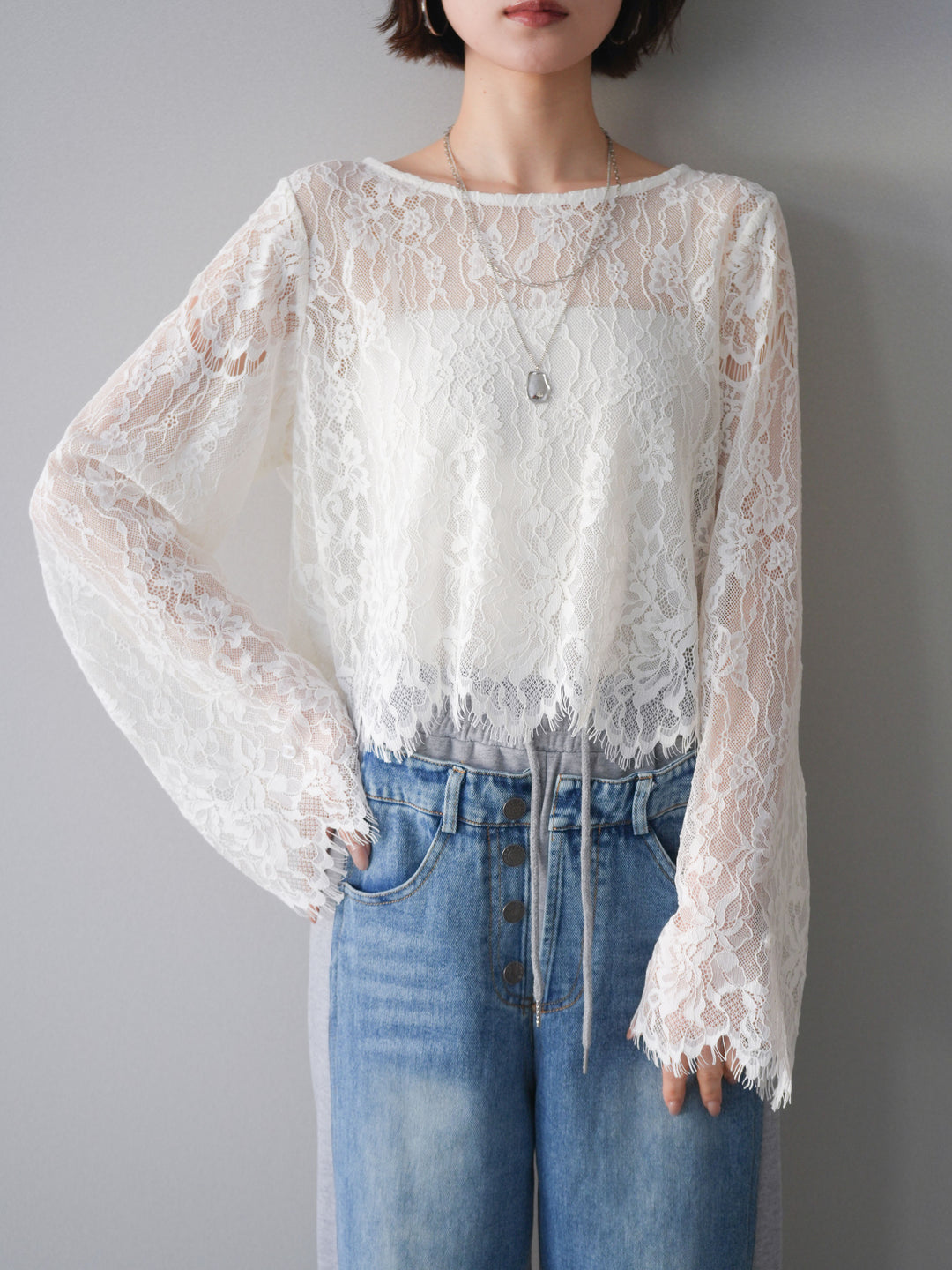 [SET]2WAYスリーブレーストップス+デニム切替スウェットパンツ(2set)